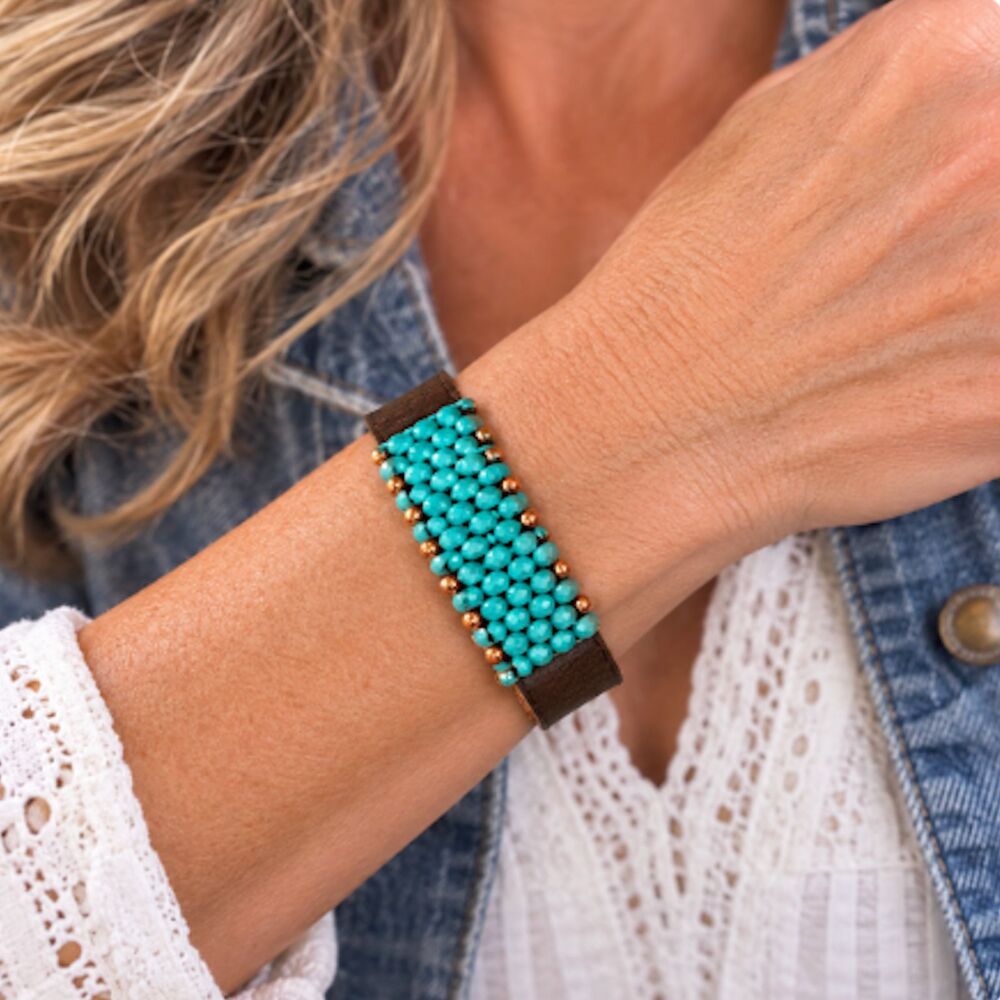 Turquoise & Copper Beaded Leather Bracelet Cuff